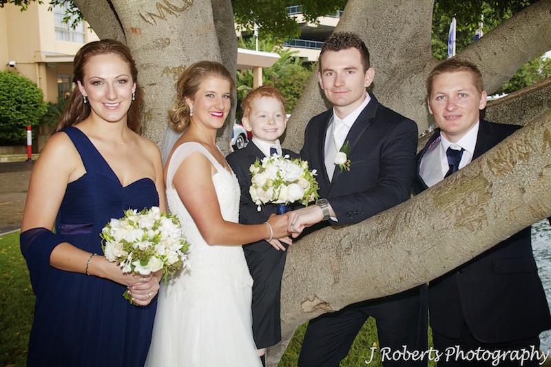 Bridal party climbing a tree at Harbourside Apartments Blues Point - wedding photography sydney